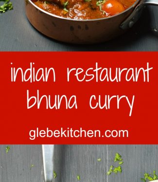Indian restaurant bhuna curry is a thick curry loaded with tomato, spices and onions.