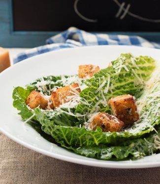 scratch caesar salad with roasted garlic croutons