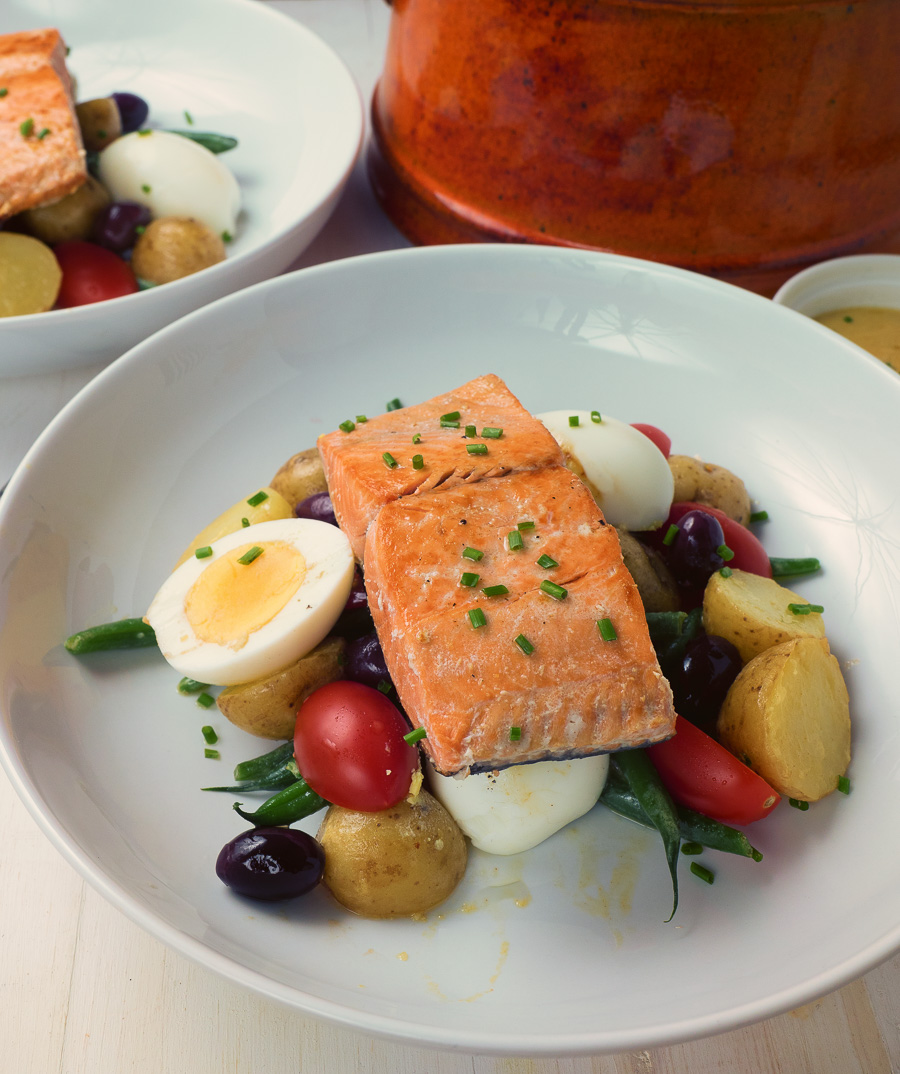 Salmon salad nicoise makes a great lunch or light dinner. And it's healthy!
