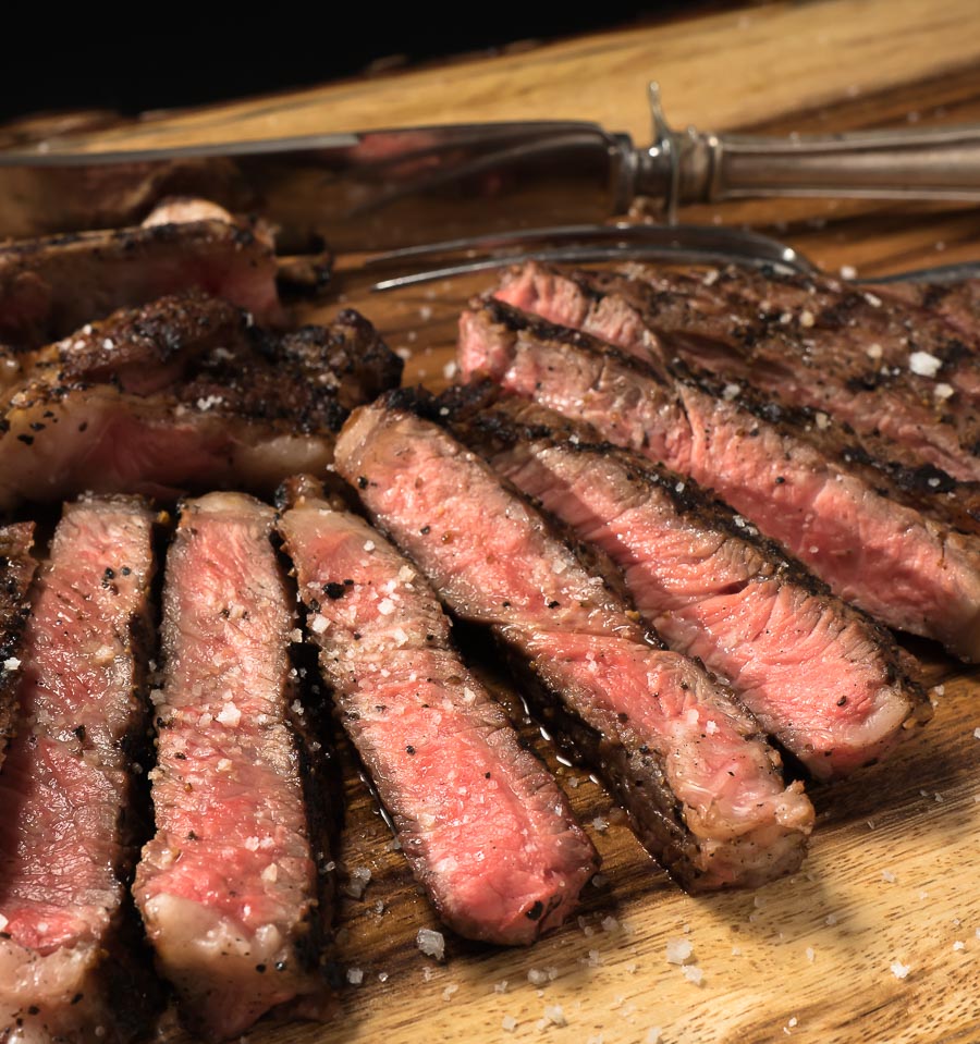 Close-up of sliced reverse sear steak.