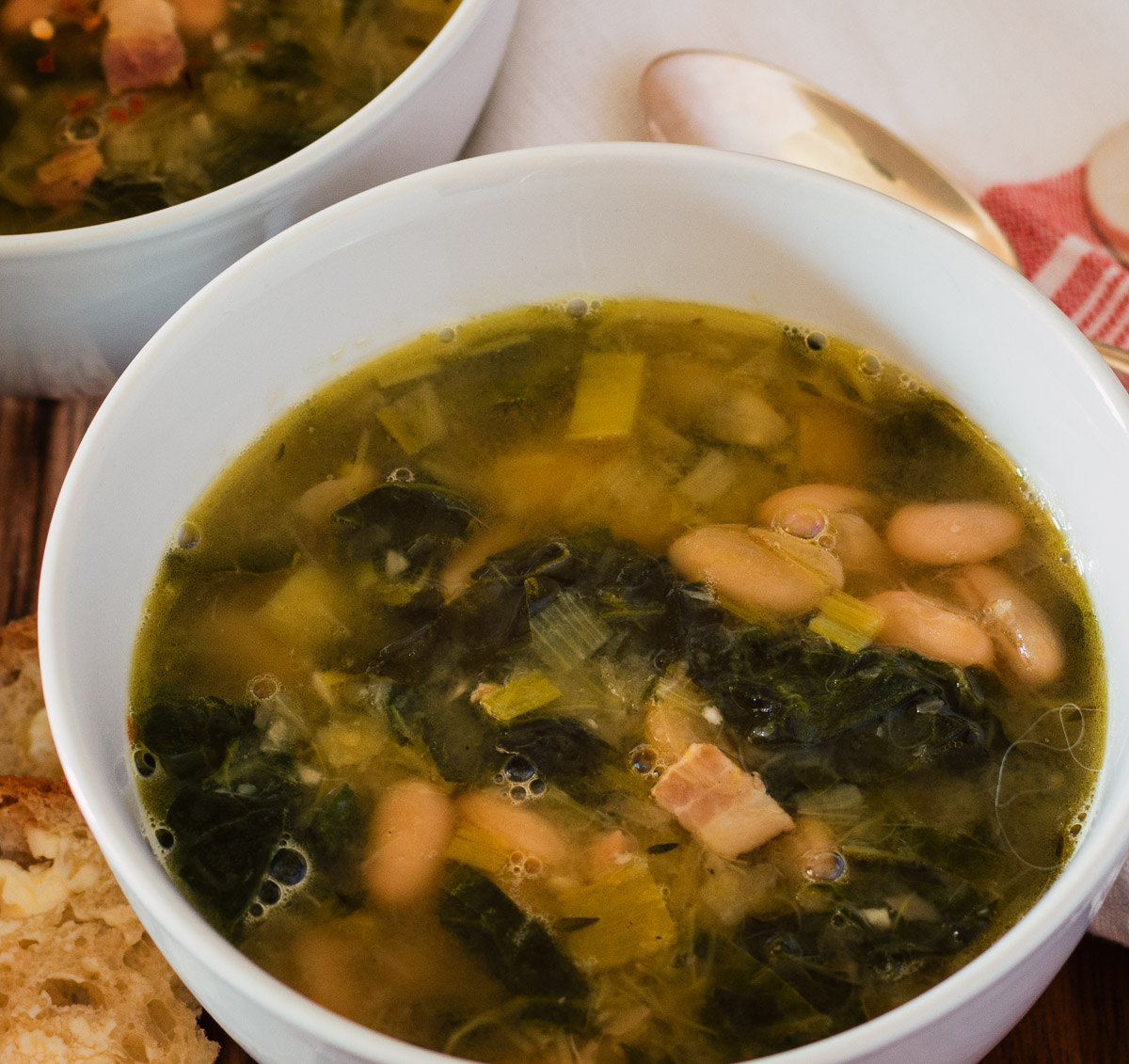 White bean swiss chard soup with leeks and bacon. A hearty, warming soup that chases away the winter blahs no matter how miserable it is out.