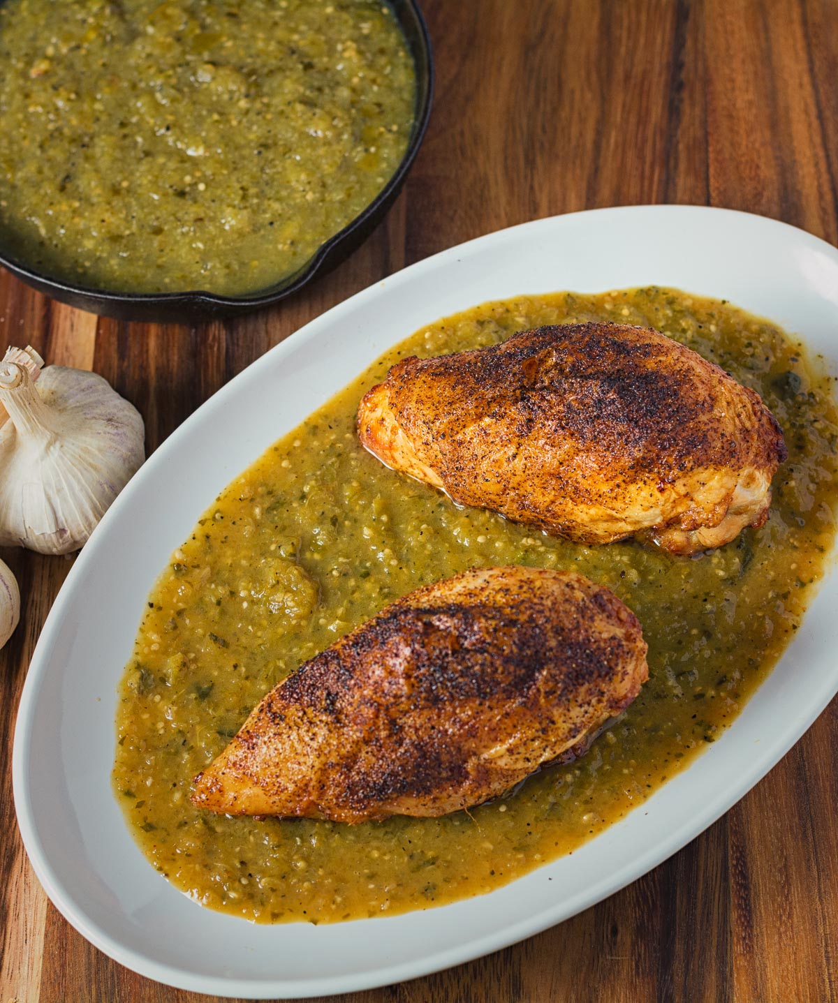 Chicken with tomatillo sauce is a bright, mexican inspired dish that pairs well with pureed pinto beans. It can also be shredded for tacos or burritos.