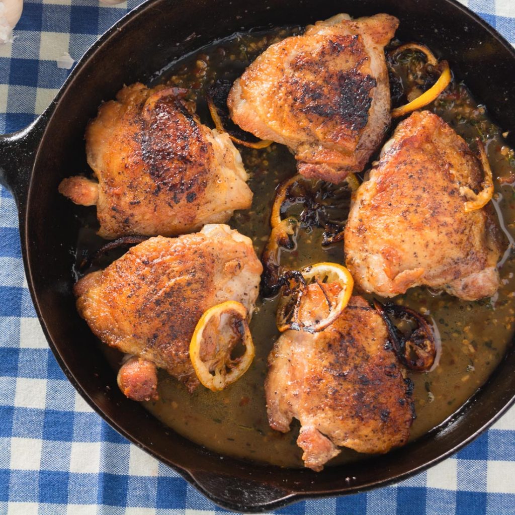 Lemon thyme and chicken thighs come together beautifully in a simple pan roasted dish perfect for a special weeknight dinner.