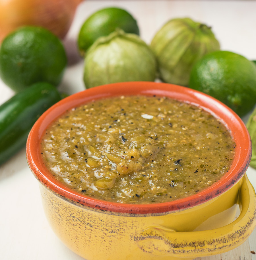 This tomatillo salsa or salsa verde is awesome on its own or with roasted chicken or pork.