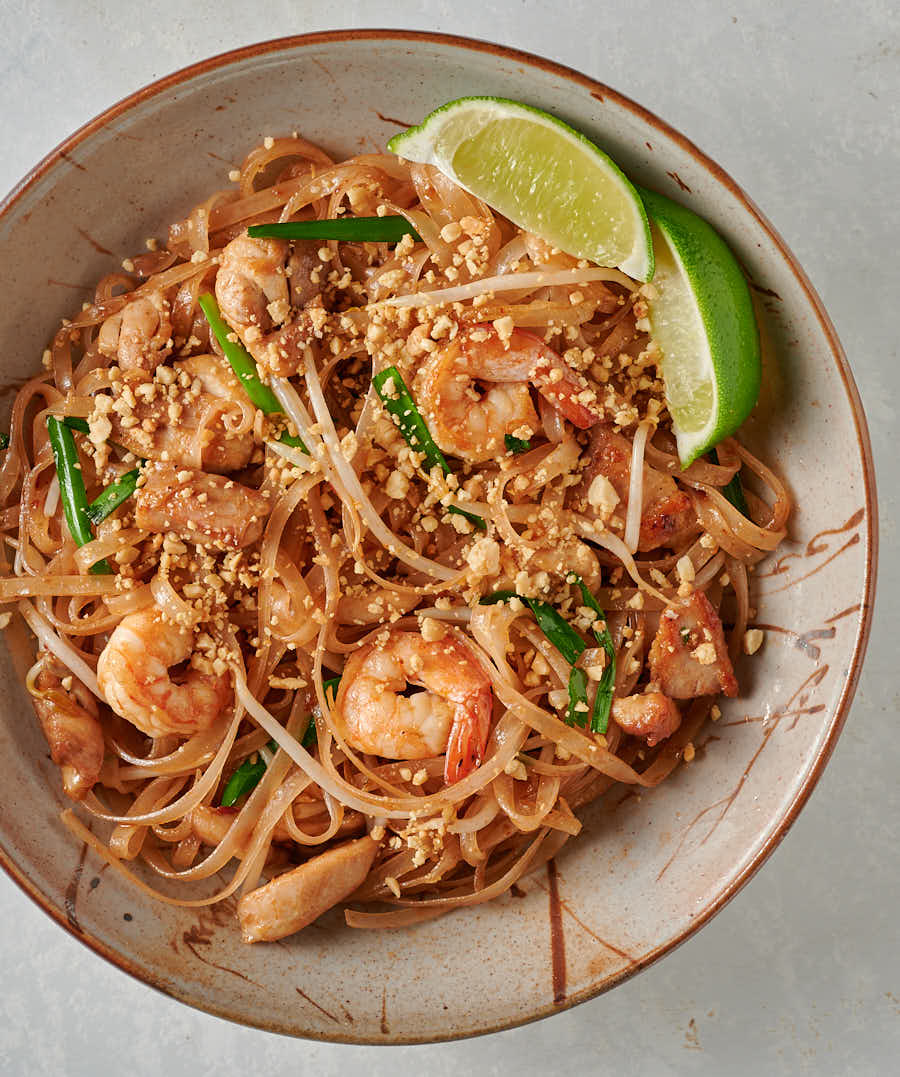 Easy pad thai in a bowl from above.