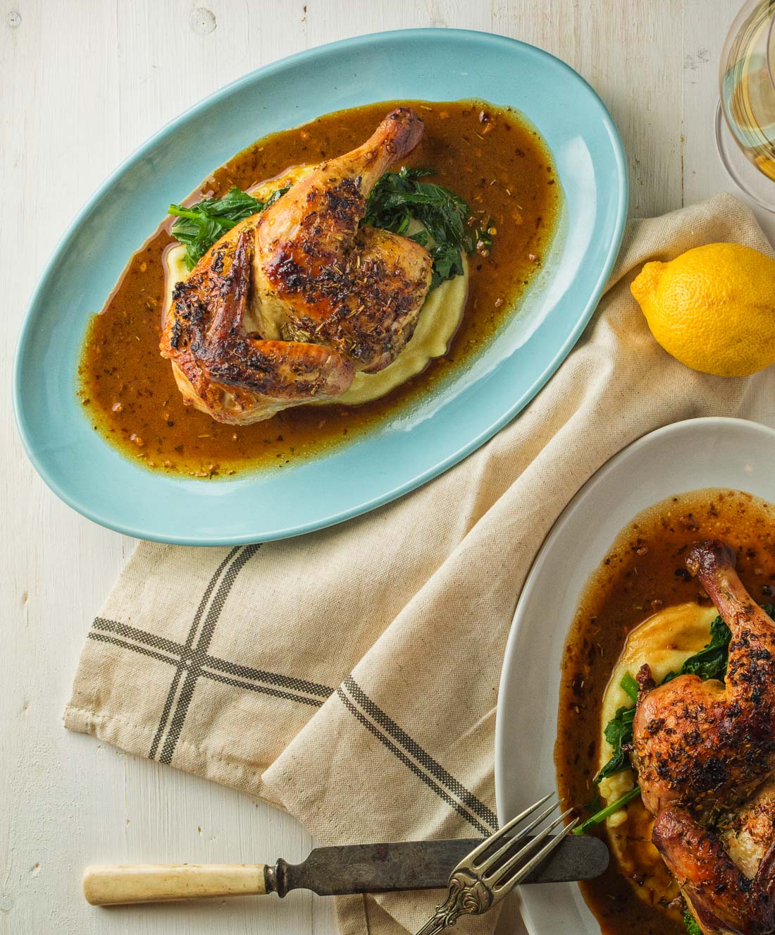 This chicken diavolo is garlicky, lemony and big on herbs. If that sounds good maybe this is the chicken diavolo for you.