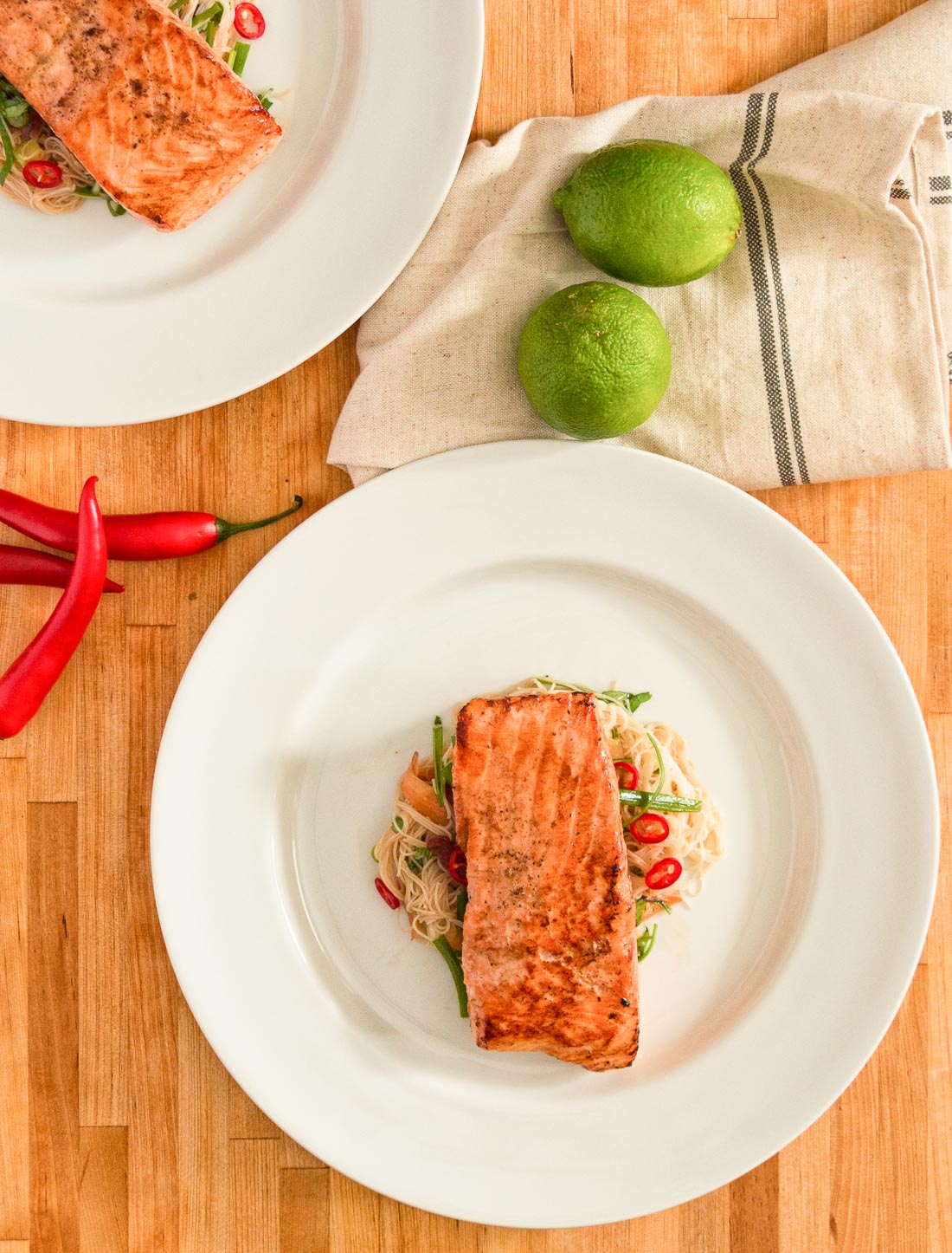 Salmon with rice noodle salad makes a great weeknight meal.