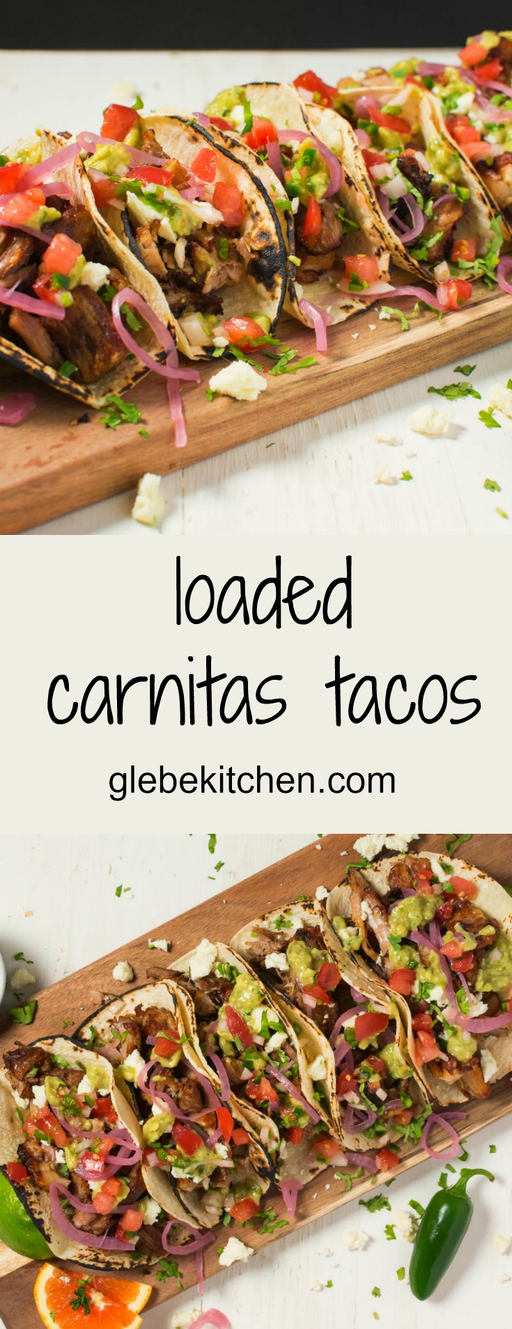 Loaded carnitas tacos with queso, pico, pickled onions and avocado tomatillo salsa.