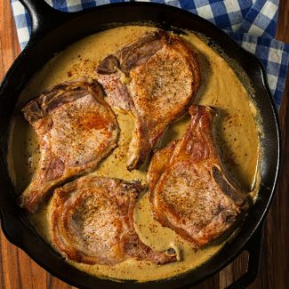 Pork chops with mushroom cream sauce. An upscale version of the Campbell's classic.