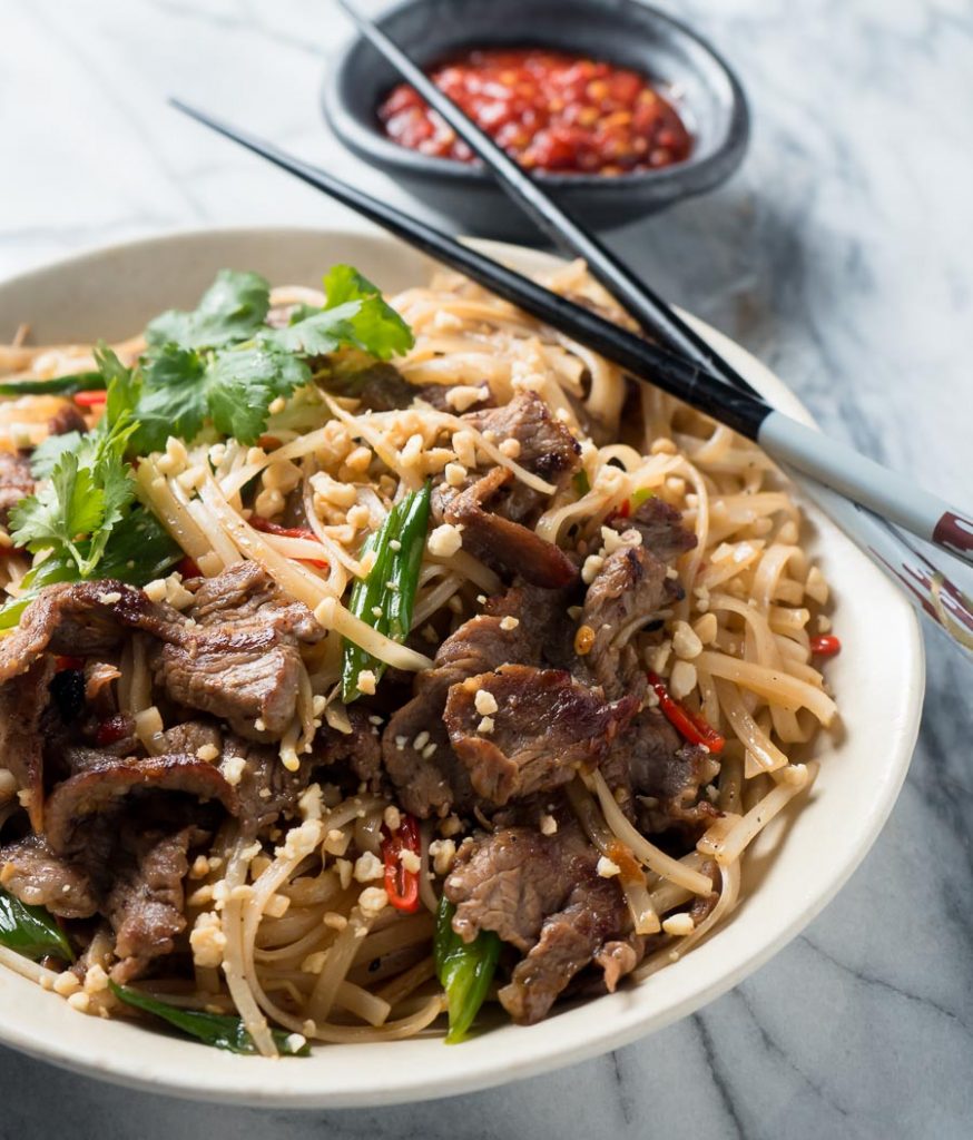 Thai beef noodles from the front.