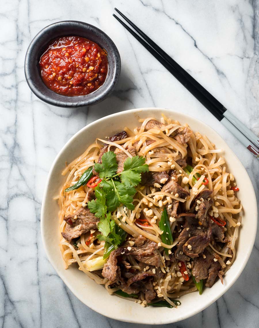 Thai beef noodles with sambal oelek from above