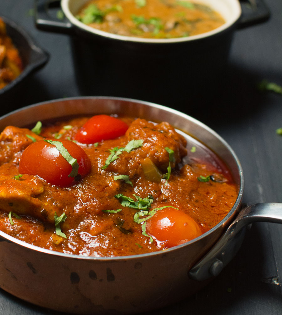 Bhuna curry close up in small copper pan