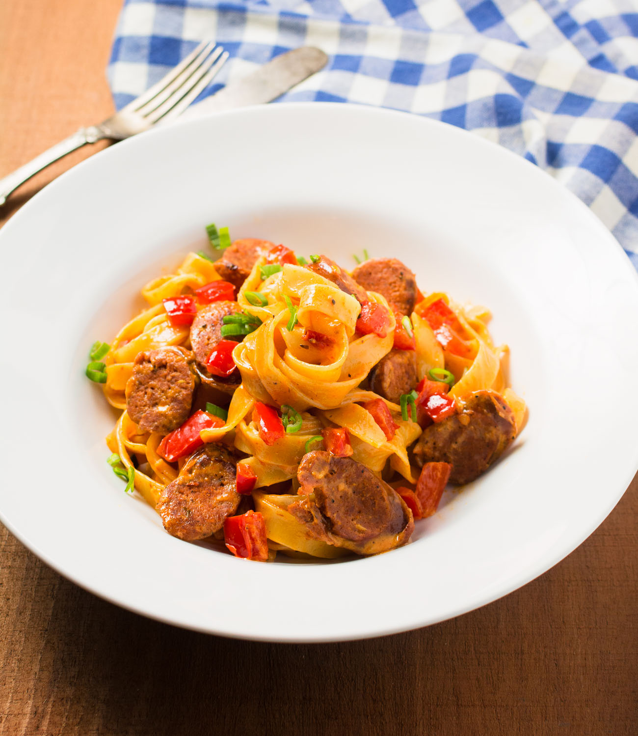 Fettuccine with andouille creole cream sauce. Ready in 20 minutes.