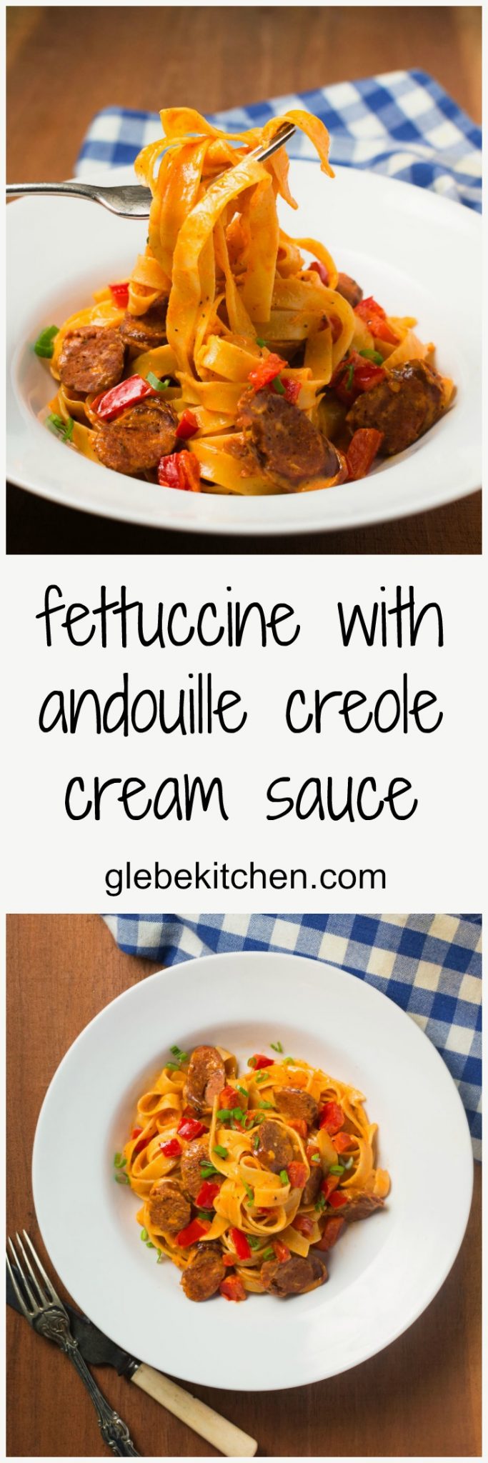 Fettuccine with andouille creole cream sauce. Ready in 20 minutes.