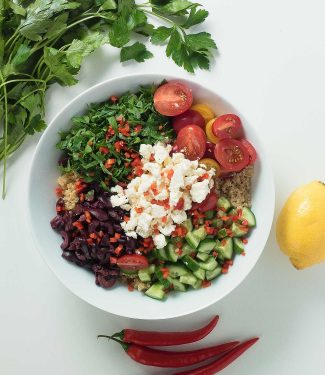 Mediterranean quinoa salad explodes with big flavours of feta, olives, lemon and tomatoes.