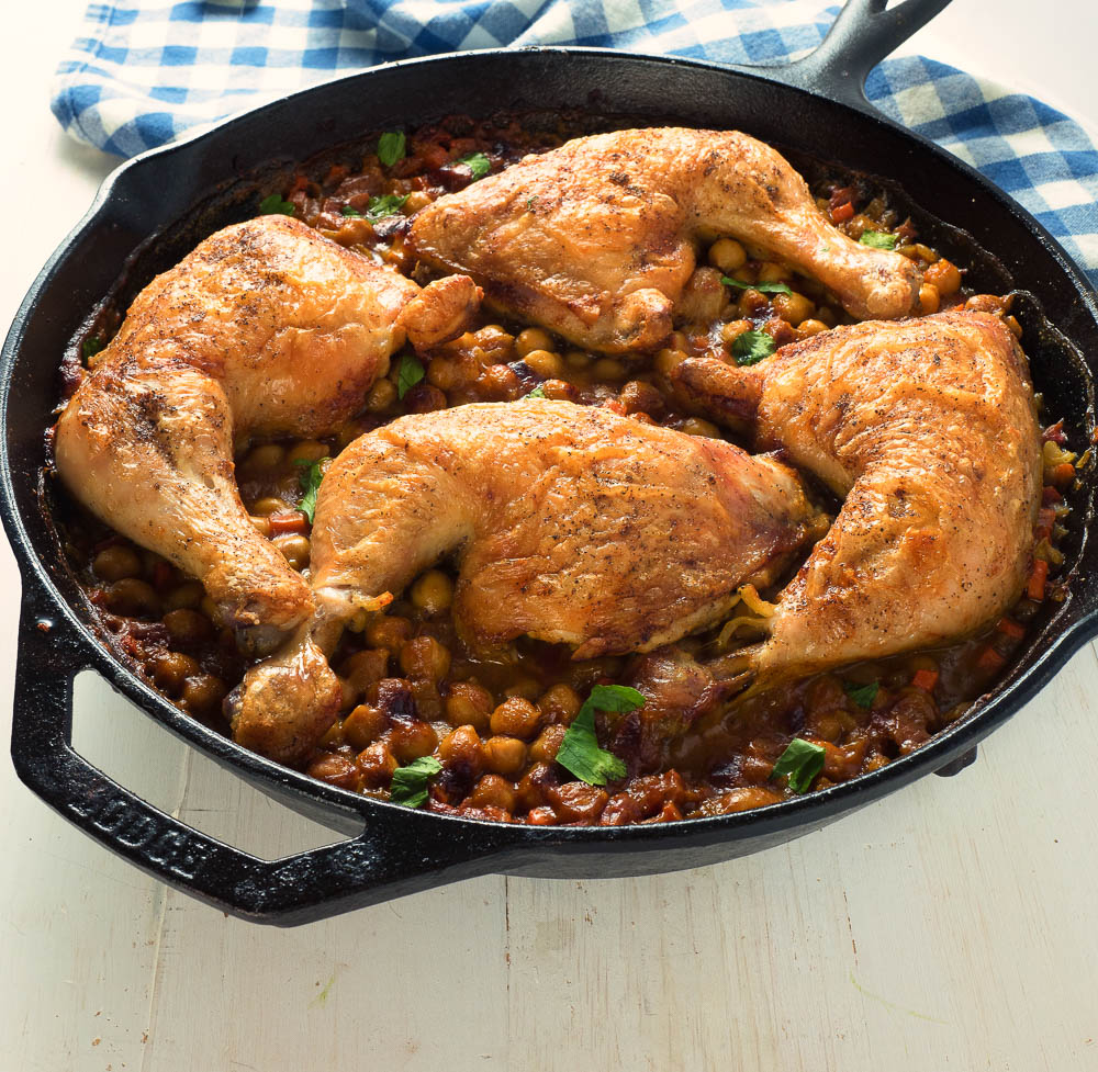 Moroccan chicken and chickpeas is a delicious, one skillet meal that comes together in an hour.