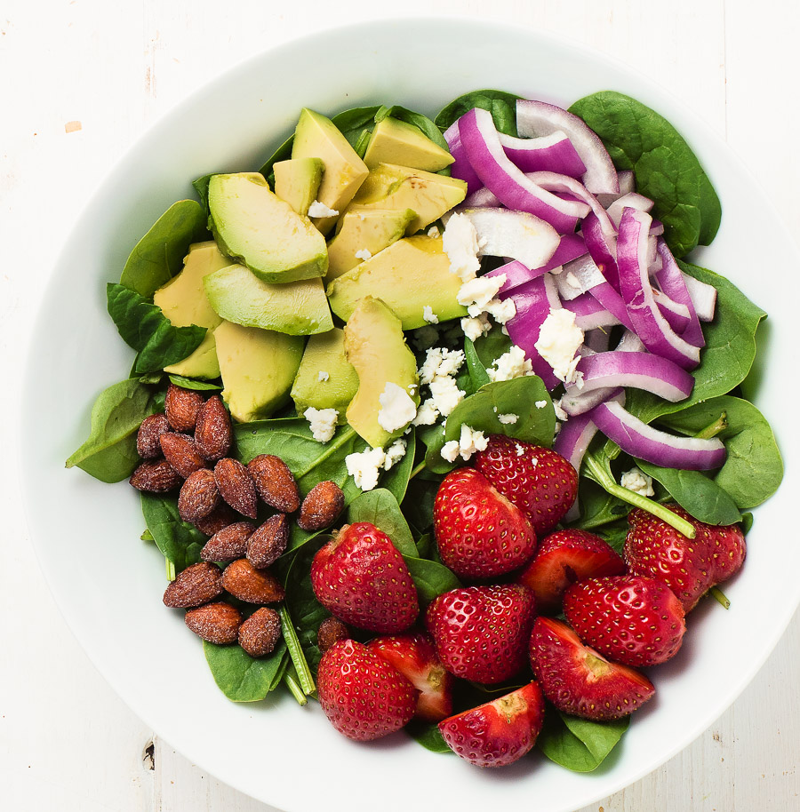 spinach salad with strawberries, avocado and poppyseed dressing is the perfect salad when berries are at their peak.
