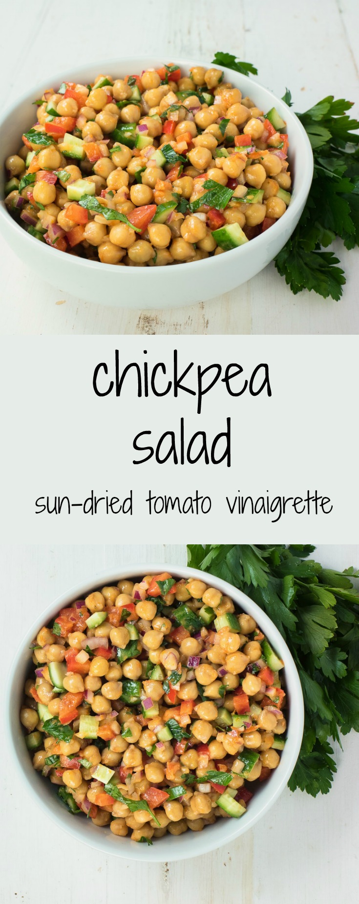 Chickpea salad with sun-dried tomato vinaigrette is the perfect summer side dish.