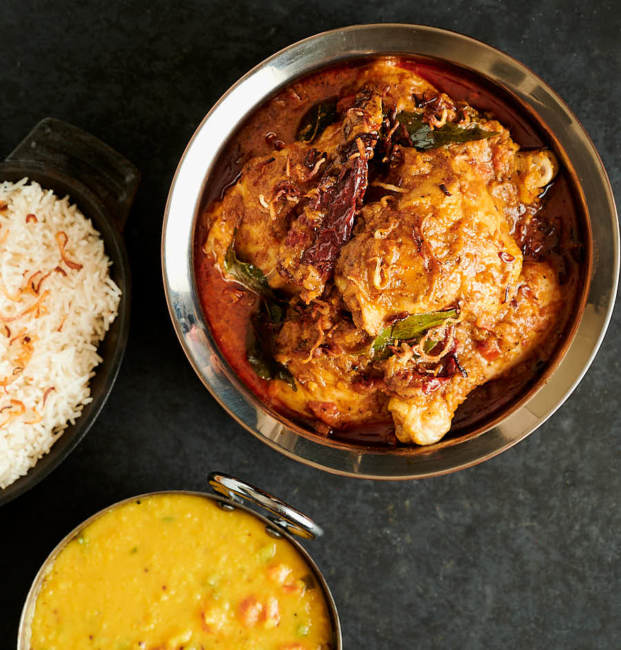 Chettinad chicken curry dal and rice from above