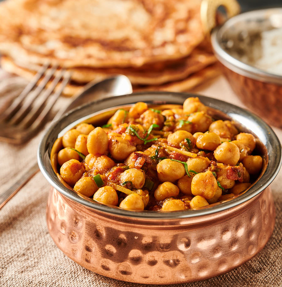 Easy chana masala in an Indian bowl from the front.