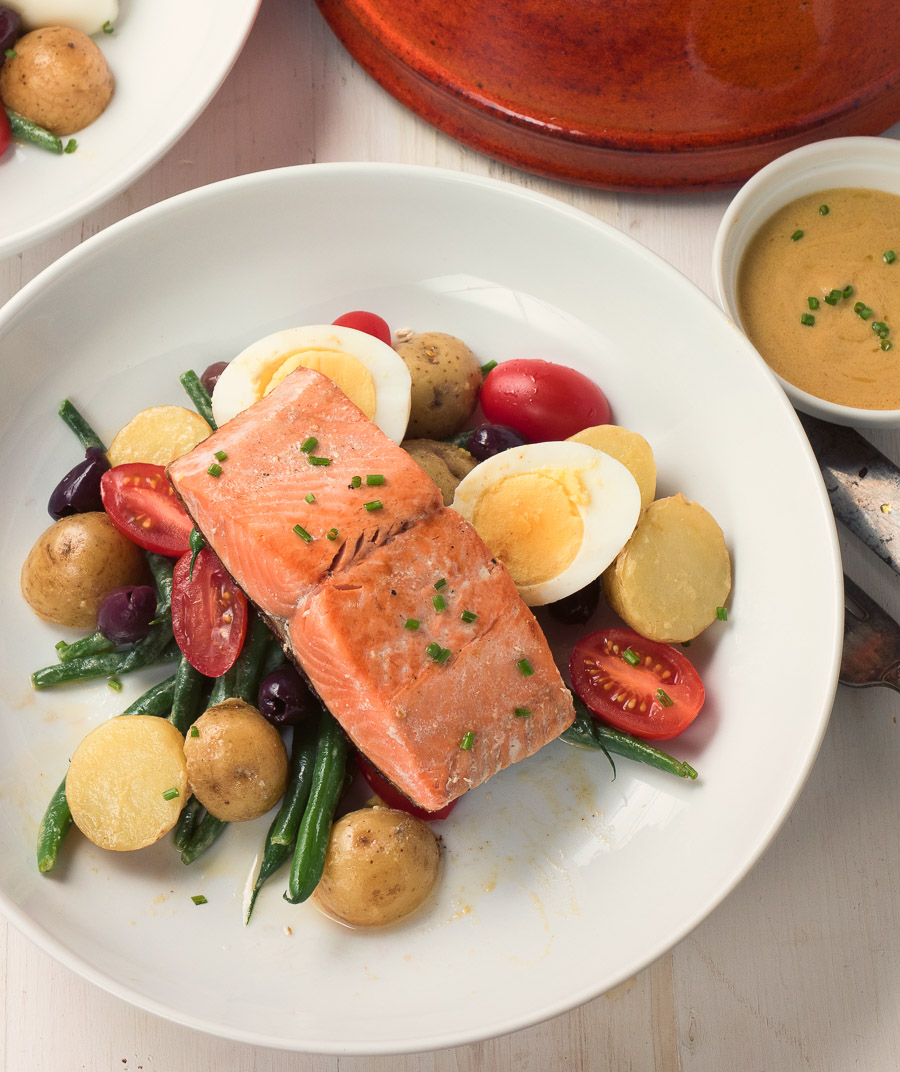 Salmon salad nicoise makes a great lunch or light dinner. And it's healthy!