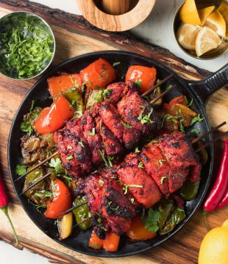 Restaurant style chicken shashlik explodes with Indian flavours.