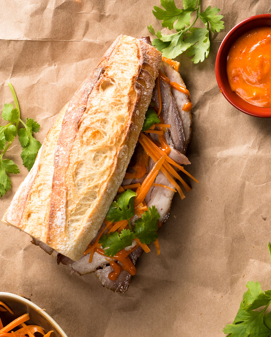 Pork belly banh mi with Gochujang mayo from above