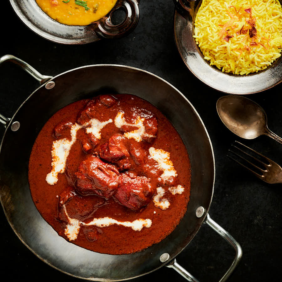 chicken tikka masala rice and dal from above