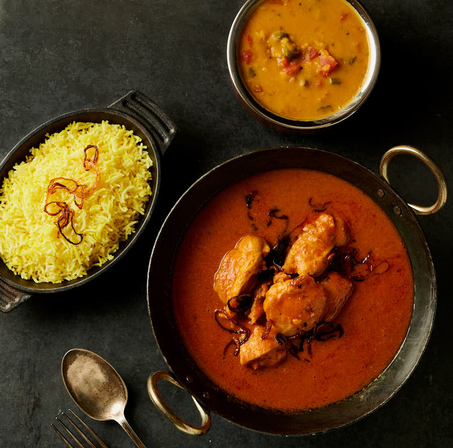 30 minute chicken madras in a kadai, dal and rice from above.