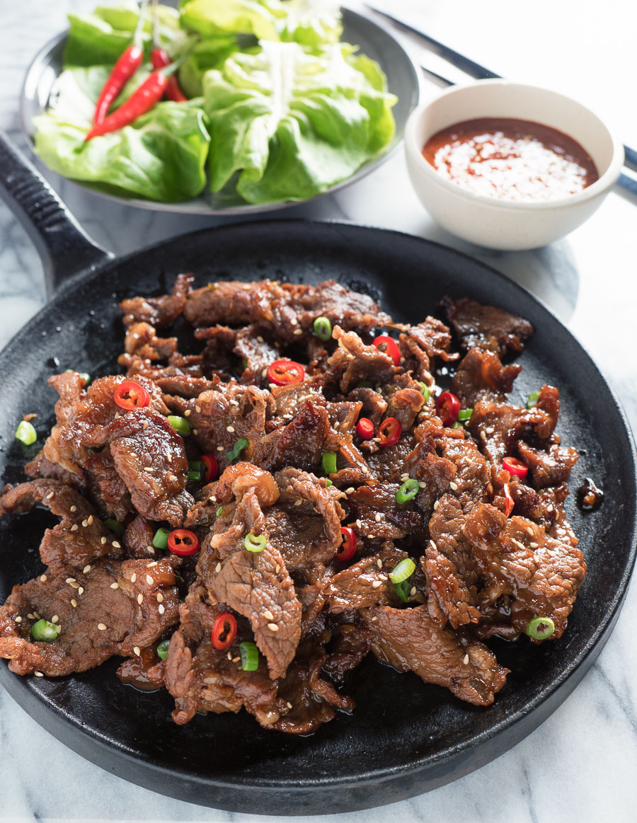 Easy Korean beef bulgogi on a black skillet