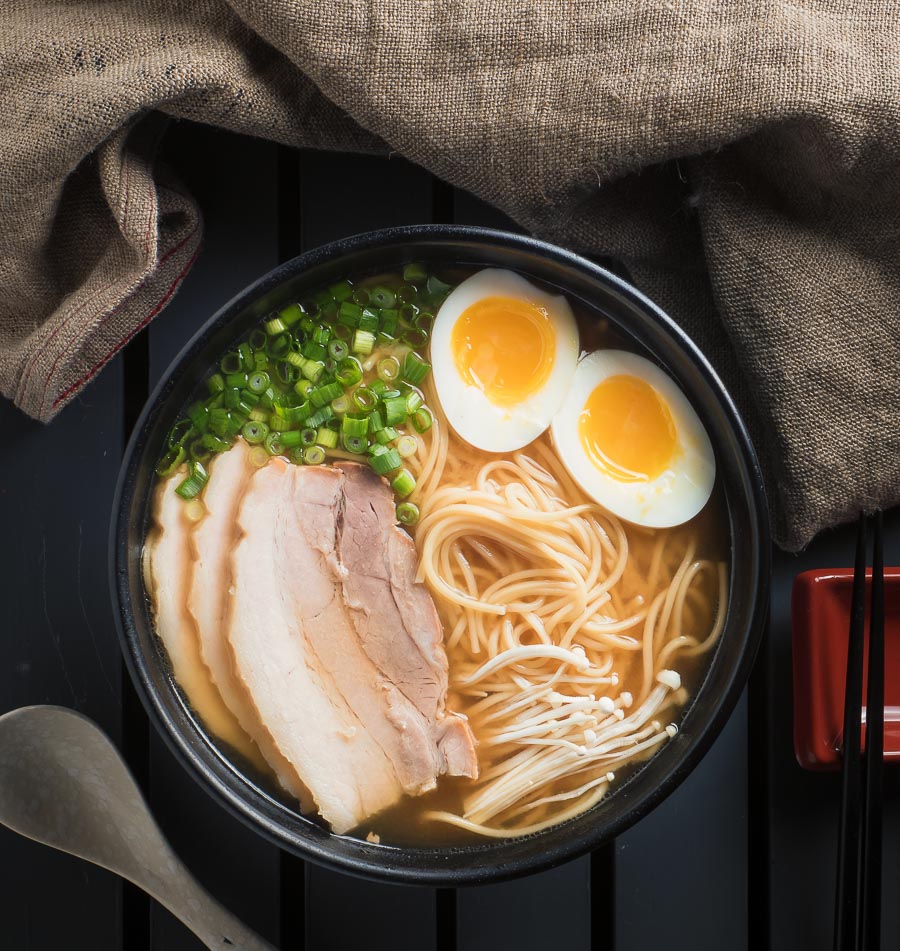 Miso ramen with chashu pork and medium boiled egg.