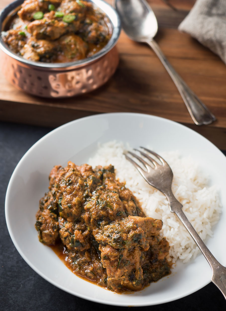 Restaurant style lamb saag with rice from above.