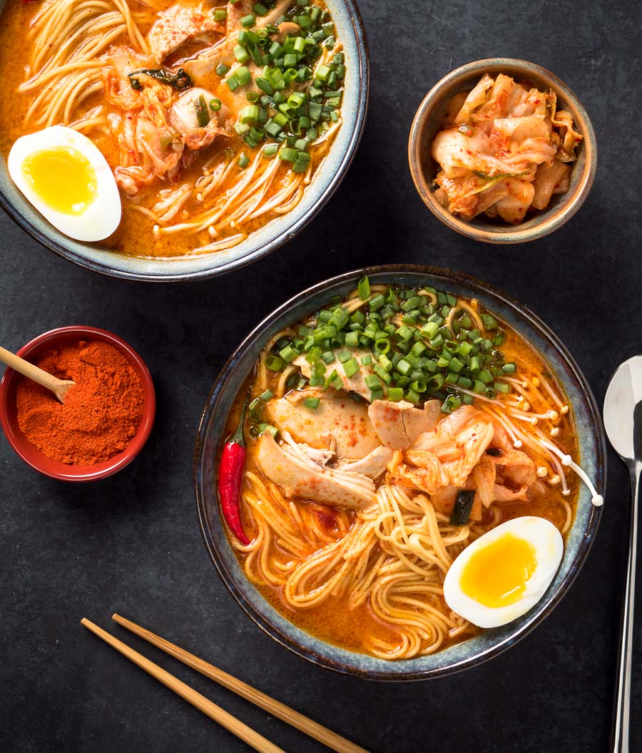 Bowls of Korean ramen from above.