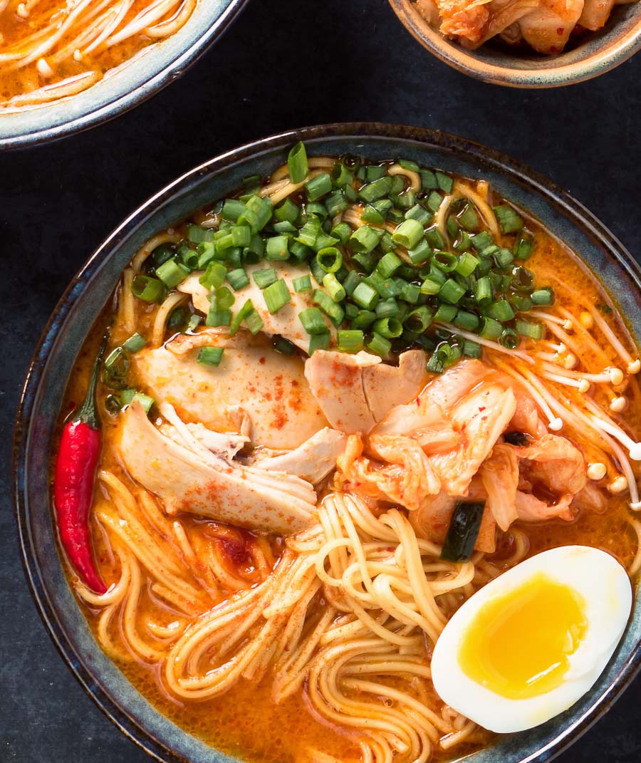 Korean ramen in a bowl from above.