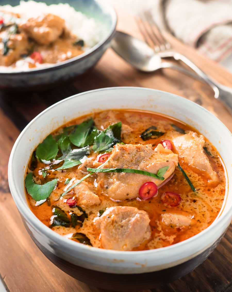 Panang curry in a white bowl from the front.