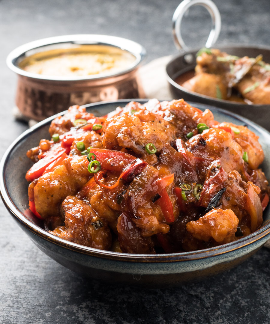 Gobi manchurian in a bowl from the front.