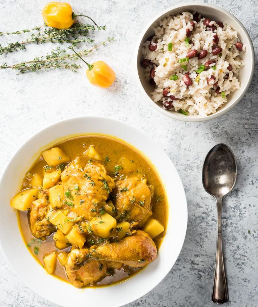 Bowl of Jamaican curry chicken from above.