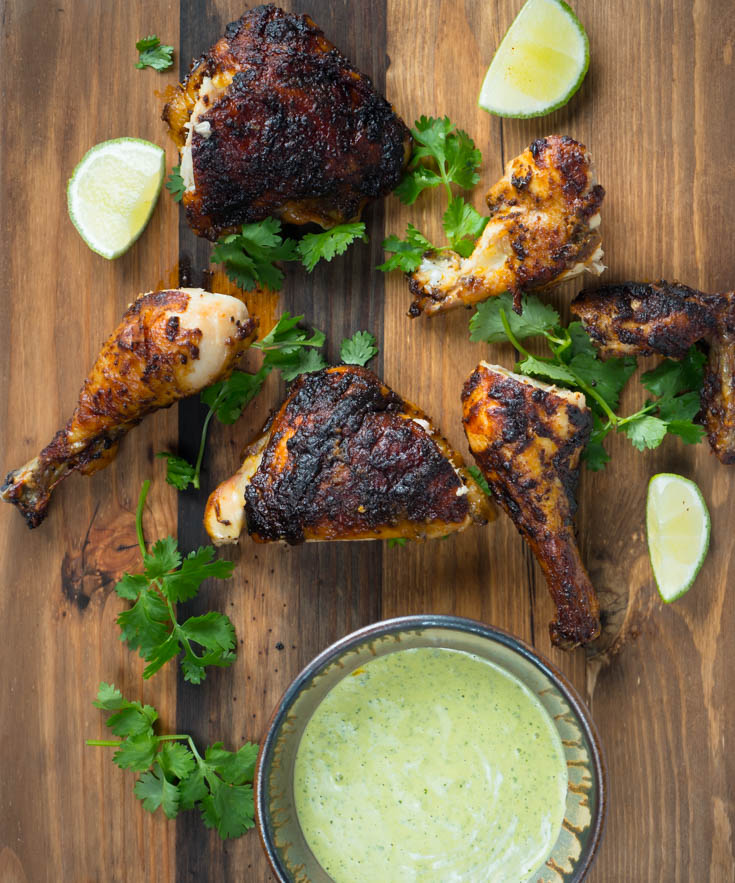 Peruvian chicken on a cutting board from above.