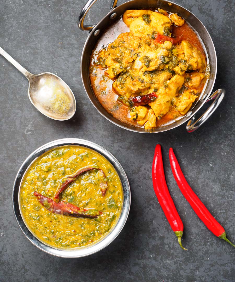 Dal palak in a bowl from above.