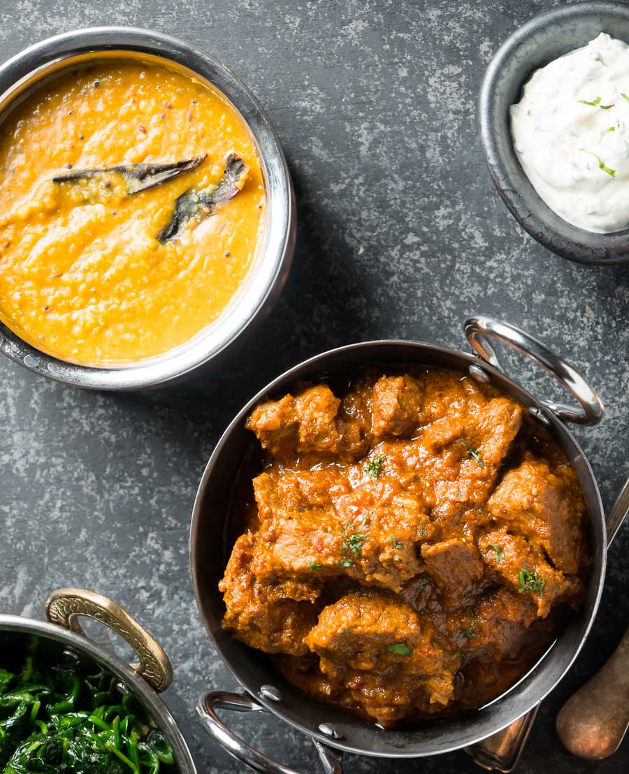 Laal maas curry in a bowl from above.