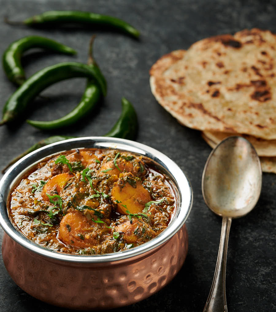 Saag aloo with parathas from the front.