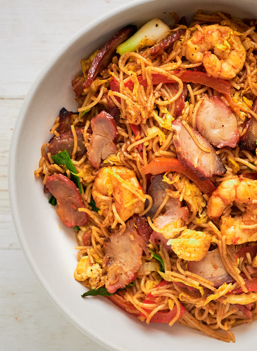 Focus on ingredients - bbq pork, shrimp, noodles and egg.