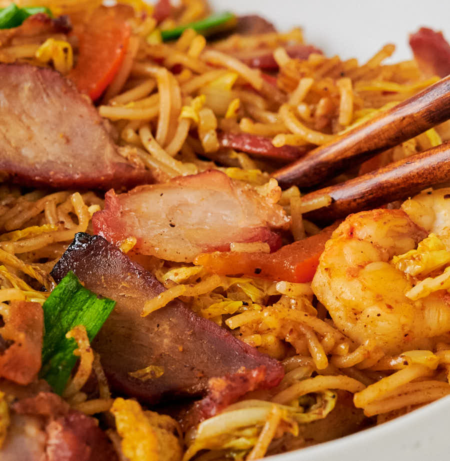 Close-up of Singapore noodles.
