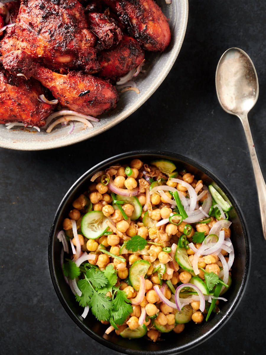 Chana chaat in a serving bowl from above.