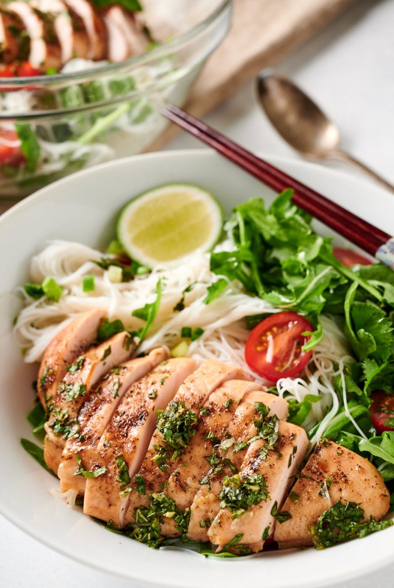 thai chicken salad with rice noodles - glebe kitchen