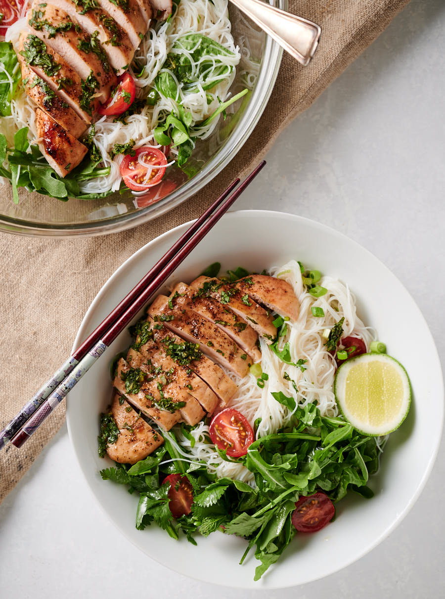 thai chicken salad with rice noodles - glebe kitchen