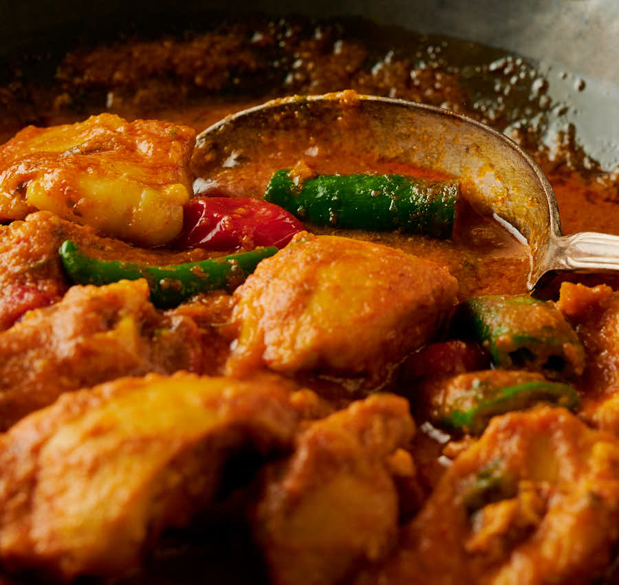 spoonful of masala chicken curry from the front