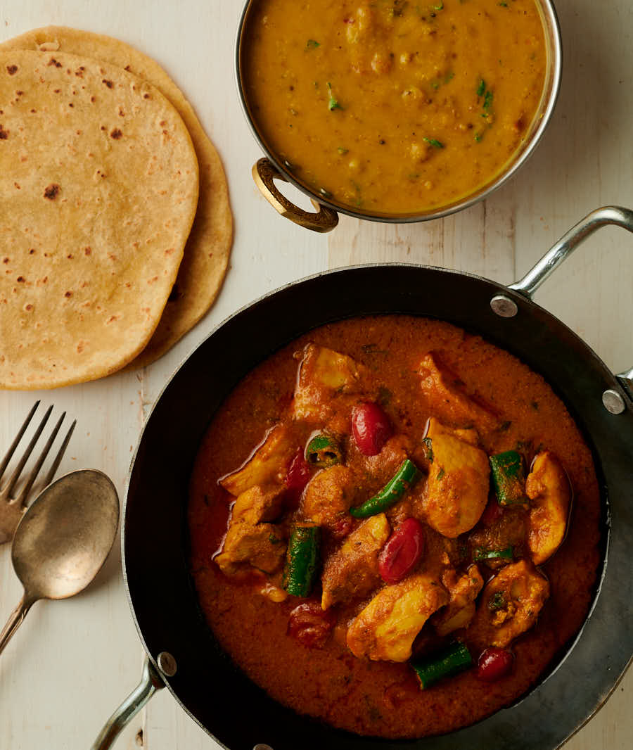 chicken masala curry and dal from above