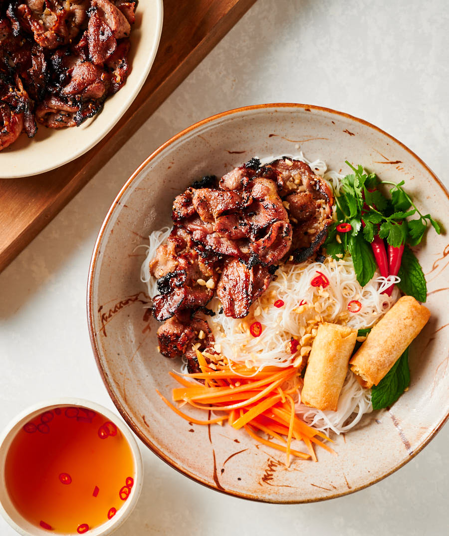 Bun thit nuong in a bowl from above.