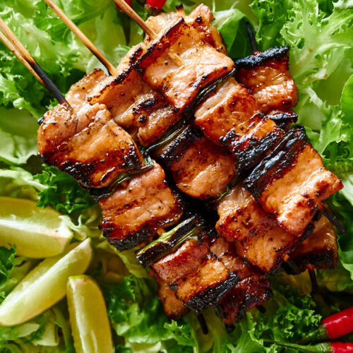 Pork belly skewers closeup - from above.